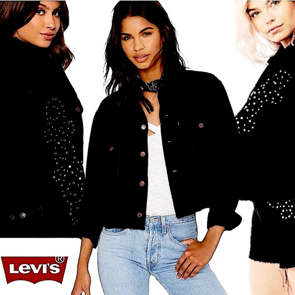 SALE Levi’s Trucker Ex Boyfriend Crystal Studded Black Wash Jean Jacket - Picture 4 of 13